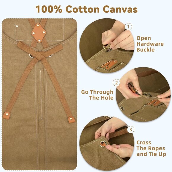 Chef Aprons for Men Women, Cotton Canvas Cross Back Adjustable Apron with Large - Picture 4 of 5